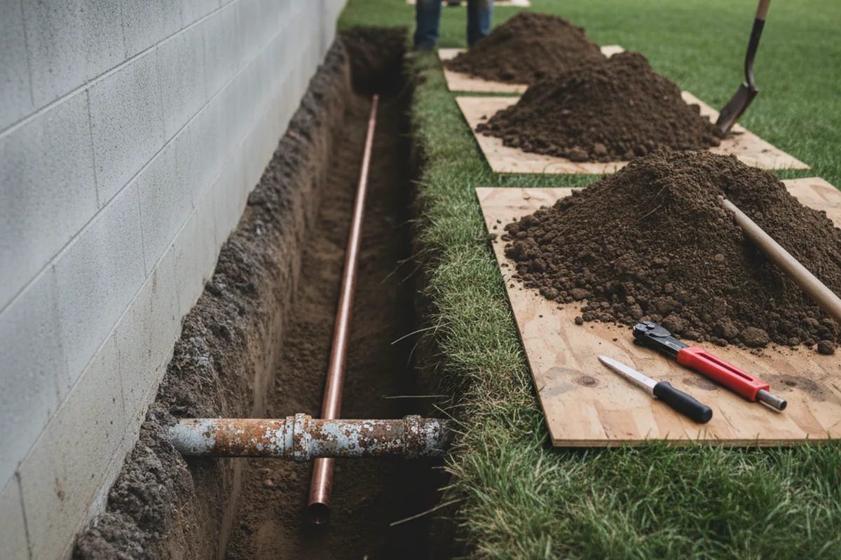 Excavated water line trench during Sewer Line Repair in Grampian